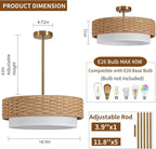 Large Coastal Boho Pendant Lights, 18.9in Woven Rattan Lighting Fixture, 2-Tier Rope Chandelier with Fabric Shade for Kitchen Island, Living Room, Dining Room, Bedroom, Restaurant