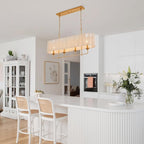 42” Boho Chandelier Brass and White Hand Woven Rattan Pendant Light Linear Large Island Light for Dining Room Kitchen Island Living Room, UL Listed