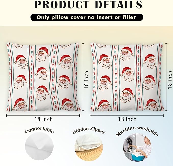 JINYO Vintage Red Christmas Santa Pillow Covers 18x18, Christmas Santa Decor, Red and Green Xmas Striped Holiday Throw Pillow Covers for Home Living Room Bedroom Sofa Couch Set of 2