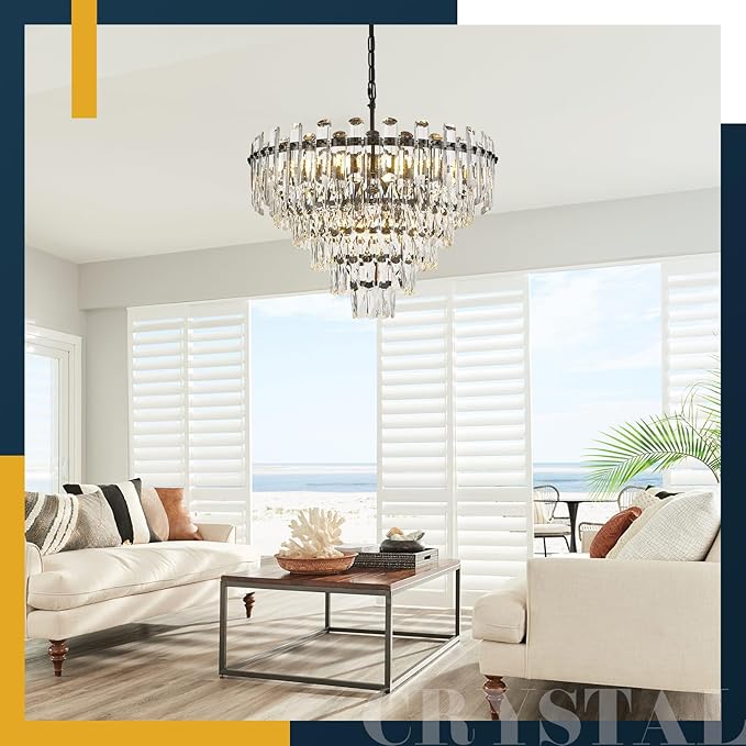 6-Tiers Modern Crystal Chandelier Black 12-Light 23.6'' Contemporary Round Pendant Chandeliers Light Luxury Ceiling Hanging Lighting for Living Dining Room Bedroom Kitchen Island Foyer
