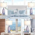 26" Coastal Glass Table Lamps Set of 2,Nautical lamp with USB A+C Ports & AC Outlet,Bule Bedside Lamps with 3-Way Dimmable Touch Control Night Light for Bedroom Living Room(Bulbs Included)