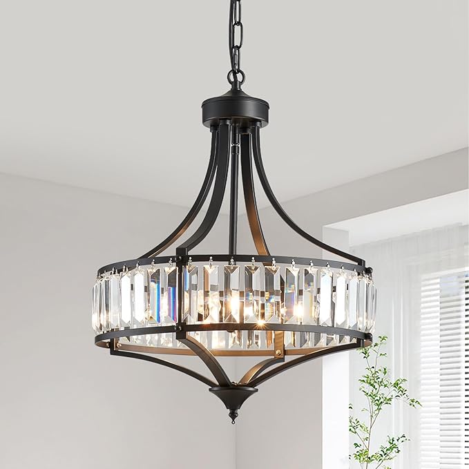 XINGQI Crystal Chandeliers for Dining Room,Modern Black Chandelier,Metal Round Shade Farmhouse 4-Light Rustic Pendant Lighting Fixtures for Hallway Bedroom Foyer