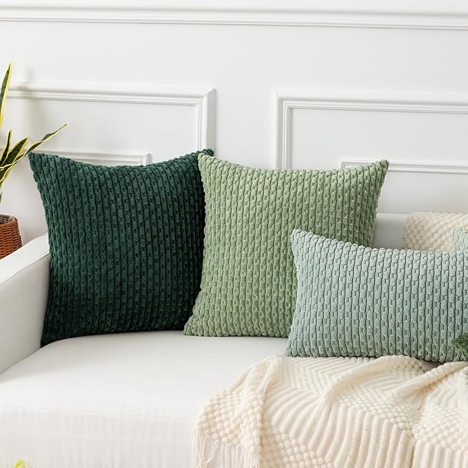 Kevin Textile Decorative Pillow Covers Set of 2 Striped Plush Corduroy Pillows Pillowcases Boho Home Decor Cushion Covers for Couch Sofa Bed Living Room 22x22 Inch, Army Green