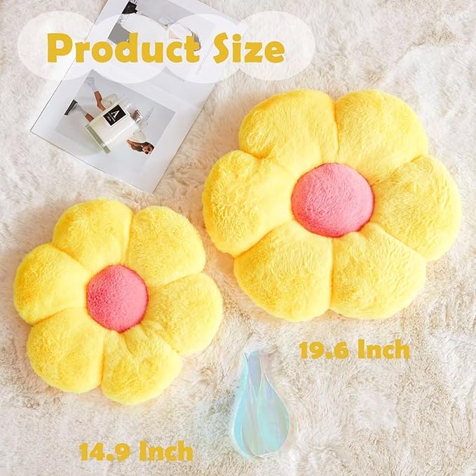 Yellow Flower Shaped Throw Pillow with Faux Rabbit Fur, 14.9' Soft Plush Throw Pillow for Bedroom & Living Room