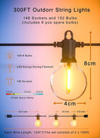 Outdoor String Lights Waterproof, 300FT Patio Lights with 146 Shatterproof G40 Globe Bulbs(6 Spare), Connectable Dimmable LED Hanging String Lights for Outside Backyard Porch Balcony (150FT x 2)