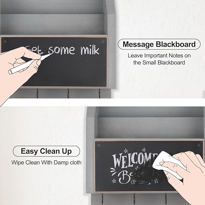 Mail and Key Holder – Wall Mount Key Hanger with Shelf and 7 Metal Hooks – Decorative Natural Paulownia Wood Entryway Organizer with Mounting Hardware (16.5”W x 8.7”H x 3.5”D) (Gray)