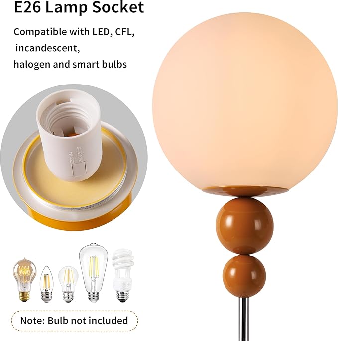 Modern Glass Floor Lamp for Bedroom, 63'' Vintage Mid-Century Floor Lamp with Milky White Frosted Glass Globe Shade for Living Room Corner, Slim Standing Reading Lamp for Office Decor (Signal Brown)
