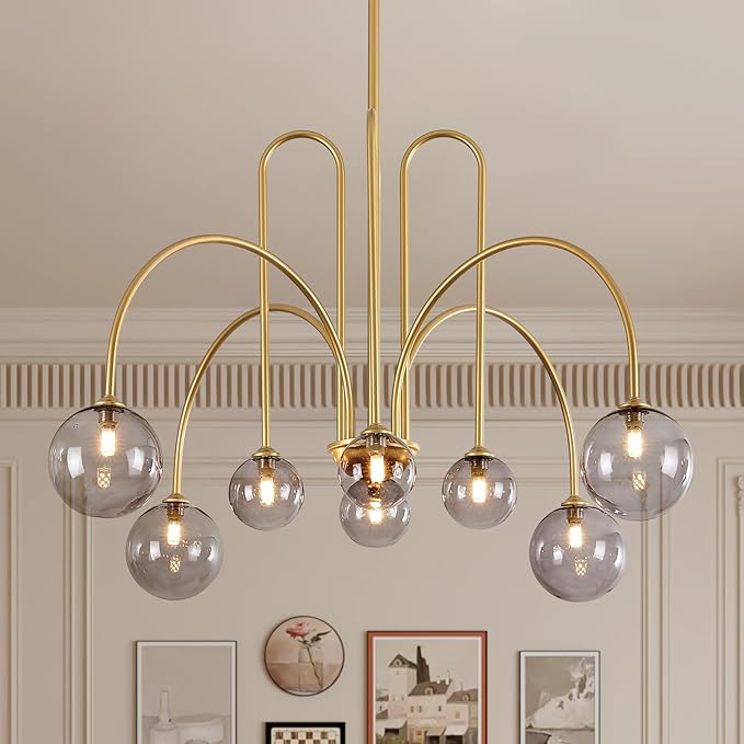 Modern Chandelier 8 Lights Gold Sputnik Light Fixture Large Luxury L41” Mid Century Smoke Glass Globe Ceiling Pendant Lighting for Foyer Staircase Living Dining Room Kitchen