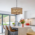 Hand-Woven Rattan Chandelier Vintage Farmhouse Boho Bamboo Chandeliers Light Fixture Rustic Retro 5-Lights Drum Wicker Rattan Black Chandelier for Dining Room, Kitchen, Living Room, E12