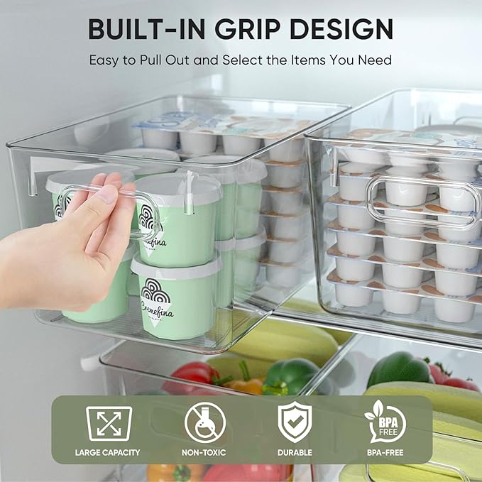 BALEINE Clear Plastic Storage Bins, Pantry Organization, BPA Free Stackable Refrigerator Organizers and Storage with Handles for Kitchen Fridge Cabinet Bathroom (4PK, 13x7.4x6.2)