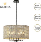 20" Rattan Hand-Woven Boho Wicker Chandelier - 6-Light Drum Farmhouse Oversized Vintage Pendant Light Fixture for Dining Room, Kitchen Island, Entryway (Black)