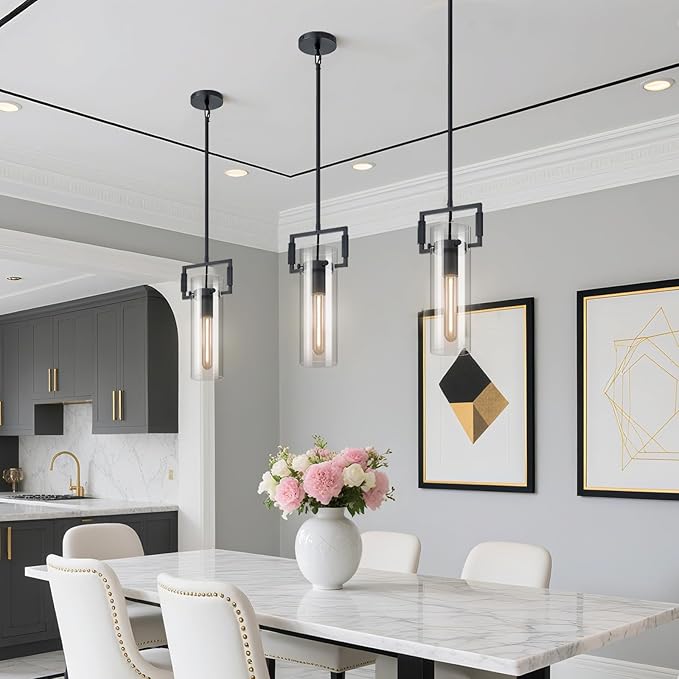 Modern Black Knurled Kitchen Island Pendant Lights 2 Pack,12'' Glass Island Pendant Light,Farmhouses Pendant Light, for Kitchen,Dining Room,Bathroom,Bulbs Included