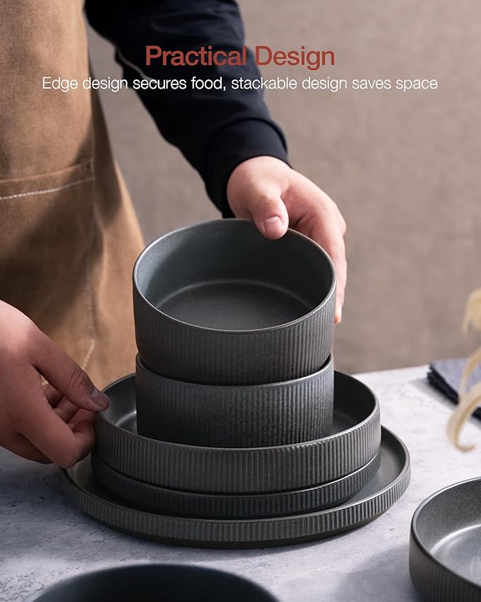 Famiware Star Plates and Bowls Sets, Modern Stoneware Dinnerware Sets for 6, 18-Piece Kitchen Dish Set - Chip and Scratch Resistant, Microwave and Dishwasher Safe Tableware, Matte Dark Charcoal