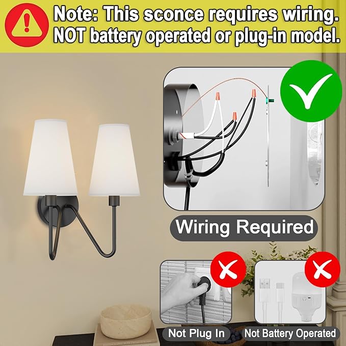 Electro bp;Double Head Classic 2 Lights Wall Sconces Lighting Fixture Black with Cream White Linen Fabric Lamp Shades E12 80W Hardwired;