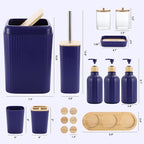 Navy Blue Bathroom Accessories Set 17PCS Bathroom Set with Trash Can 3PCS Lotion Soap Dispenser, Toothbrush Holder,6PCS Wood Tags Bath Accessories with Tray for Kitchen Bathroom