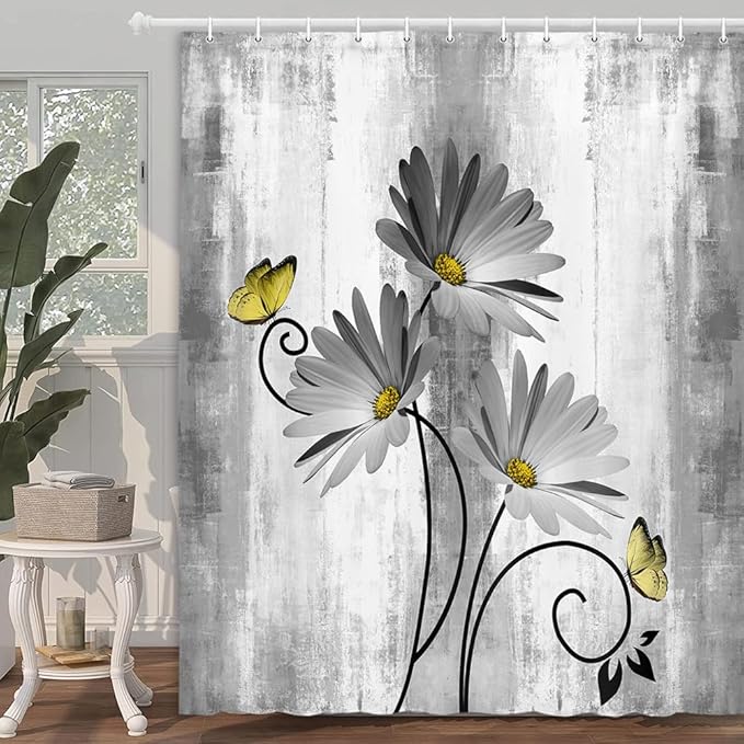 Rustic Farmhouse Shower Curtain, Farm Gray Daisy Floral Flowers and Butterfly on Country Wooden Shower Curtain for Bathroom, 70X70IN with 12PCS Hooks