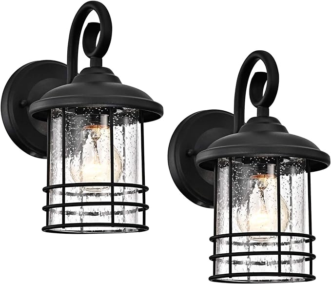 MICSIU Textured Black Outdoor Wall Light 2 Pack, 10 Inch Exterior Wall Lantern Lights with E26 Based Socket， Clear Seedy Glass Exterior Wall Lights for House, Entryway, Home, Patio, Garage, Doorway