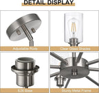 8-Light Brushed Nickel Chandelier with Clear Glass Shades, E26 Base Modern Pendant Light Fixture, Adjustable Swivel Heads Ceiling Lighting, Farmhouse Chandelier for Dining Room Kitchen Hallway