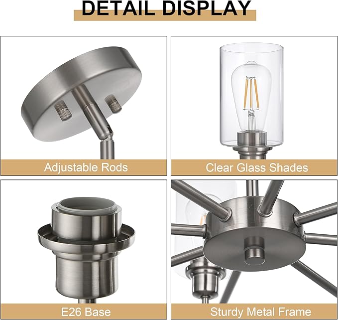 8-Light Brushed Nickel Chandelier with Clear Glass Shades, E26 Base Modern Pendant Light Fixture, Adjustable Swivel Heads Ceiling Lighting, Farmhouse Chandelier for Dining Room Kitchen Hallway