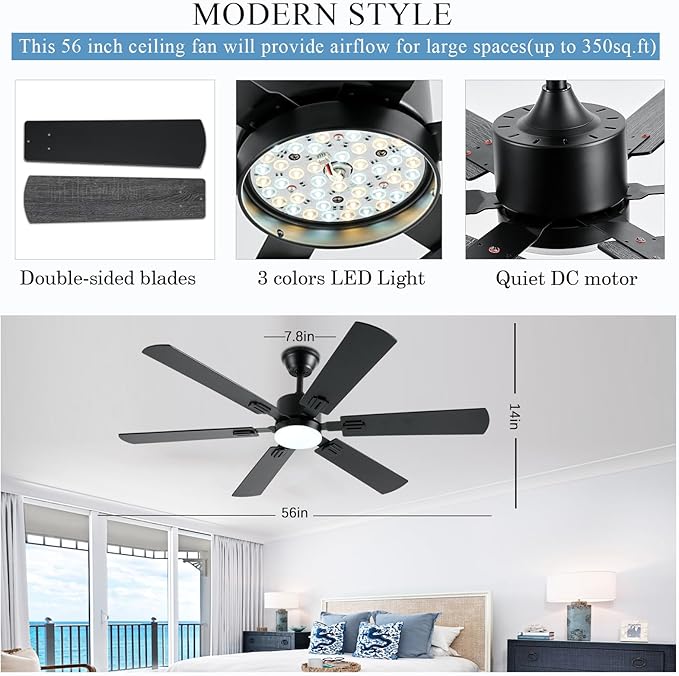 56inch Black Ceiling Fans with Lights and Remote/App Control, Dimmable LED, Reversible DC Motor, Noiseless, 6 Double-Side blades, 6 Speeds Low Profile Ceiling Fan for Indoor/Outdoor Use