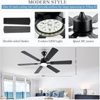 56inch Black Ceiling Fans with Lights and Remote/App Control, Dimmable LED, Reversible DC Motor, Noiseless, 6 Double-Side blades, 6 Speeds Low Profile Ceiling Fan for Indoor/Outdoor Use