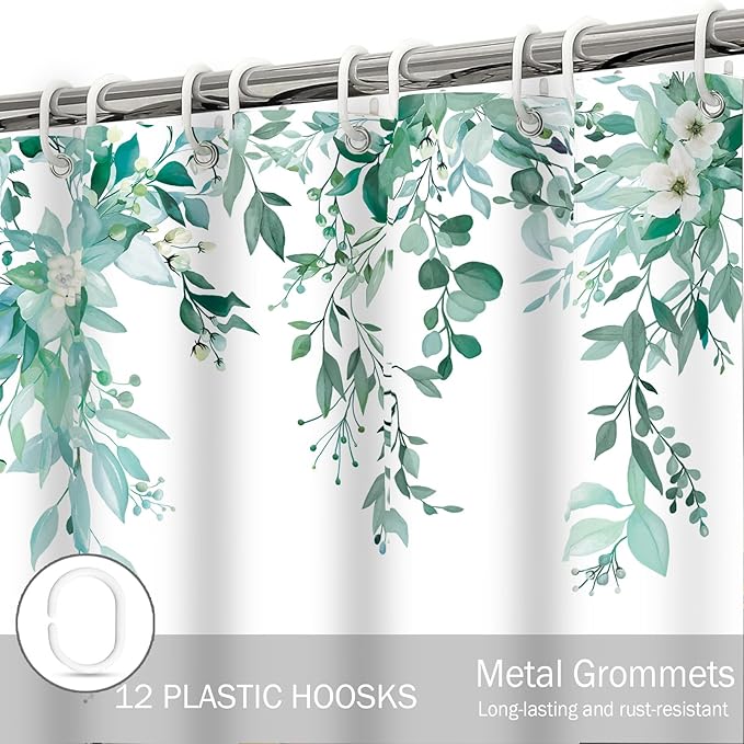 Eucalyptus Shower Curtain, Teal Watercolor Leaves with Floral Botanical Bathroom Decor, Waterproof Fabric Bath Curtain Set with Hooks, 72x78 Inches