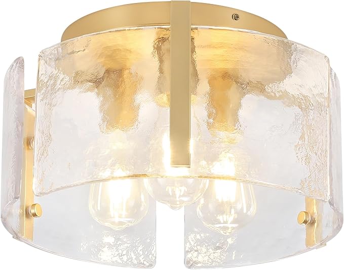 15'' Modern Gold Semi Flush Mount Ceiling Light, 3-Light Glass Drum Light Fixtures, Ceiling Lights for Hallway Entryway Foyer Bedroom Kitchen Dining Room Laundry Room Lighting Fixture, UL-Listed
