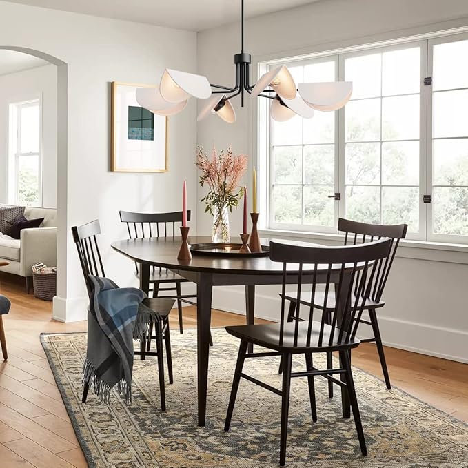 SEOL-Light 6-Light Fold White Linen Blossom Shades Chandelier with Black Metal Stems,E12,240W,35" Dia Large;