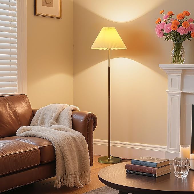 Pleated Lampshade Floor Lamp for Living Room Corners Bedrooms Bedside Offices Farmhouse, Golden Base, Bright 12W Tri Color Dimming Reading Light, Modern Cute Unique Retro Standing lamp