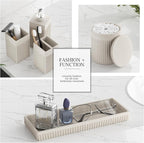 6-Piece Beige Bathroom Set - Sleek Resin Bathroom Accessories Set with Soap Dispenser, Toothbrush Holder, Vanity Tray, Tumbler & Apothecary Jars for Small Spaces