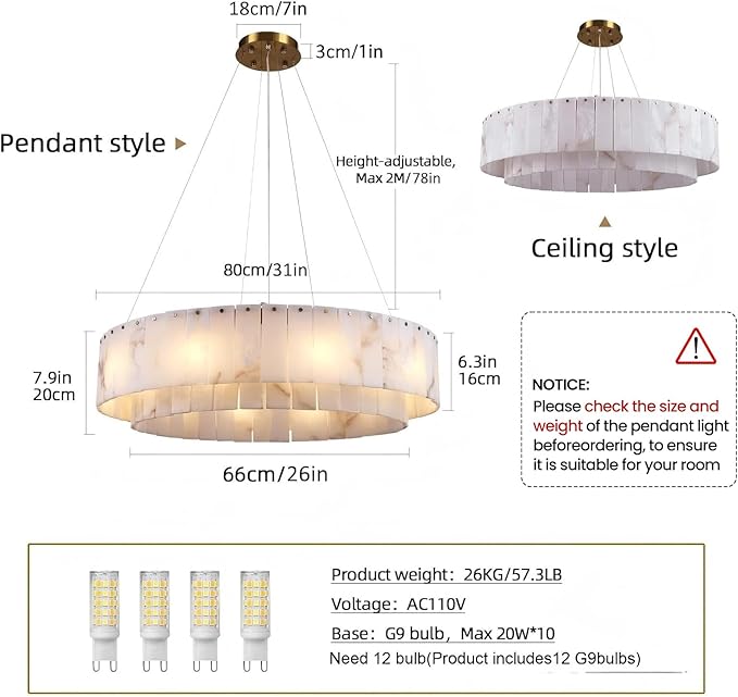 Alabaster Chandelier D31in Spanish Natural Marble Round Chandeliers, 2 Tiers Modern Living Room Chandelier, Alabaster Pendant Light Fixture, Dimmable Chandeliers for Bedroom, Entryway, Foyer