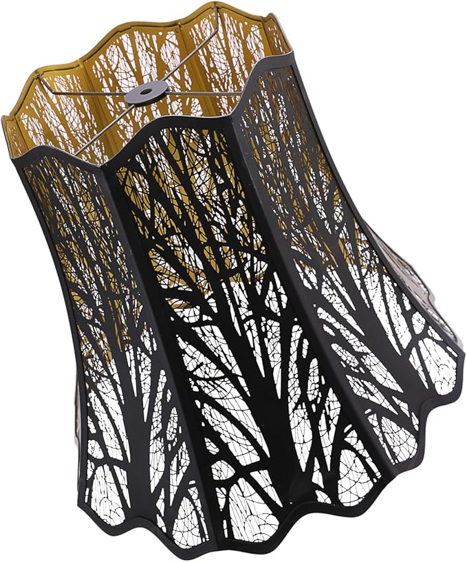 Etched Court Style Metal Lamp Shade, Large Upper and Lower Wave Lampshade with Forest Tree Pattern, 10"Top x 16" Bottom x 14.75" High, lron Cover shade for Table Lamps, Floor Lamps (Black/Gold)