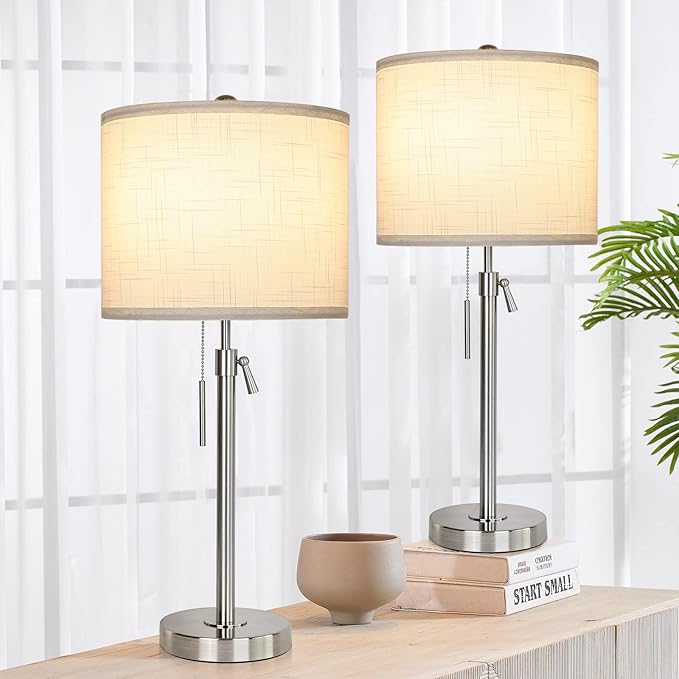 Brushed Nickel Table Lamps Set of 2: 22" to 30" Height Adjustable Nightstand Lamps with White Linen Shade | Pull Chain Switch | Silver Pole Beside Lamp for Living Room Bedroom