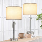 Brushed Nickel Table Lamps Set of 2: 22" to 30" Height Adjustable Nightstand Lamps with White Linen Shade | Pull Chain Switch | Silver Pole Beside Lamp for Living Room Bedroom