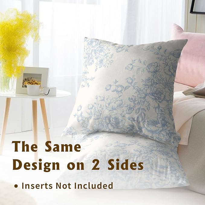 Chinoiserie Flowers Throw Pillow Covers 20x20 Inch Set of 2, Vintage Floral Blue White Decorative Square Cotton Cushion Cover Pillowcases for Home Couch Sofa Bed Outdoor Decor