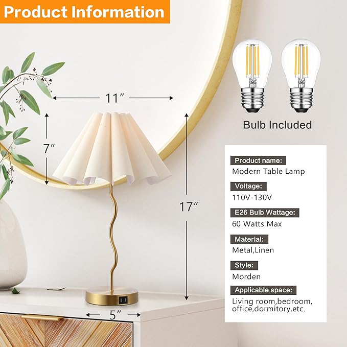 Pleated Table Lamp, Set of 2 Table Lamps for Bedroom, Bedside Lamps for Nightstand with Linen Lampshade, Modern Lamp for Bedroom Home Office Decor, Gold