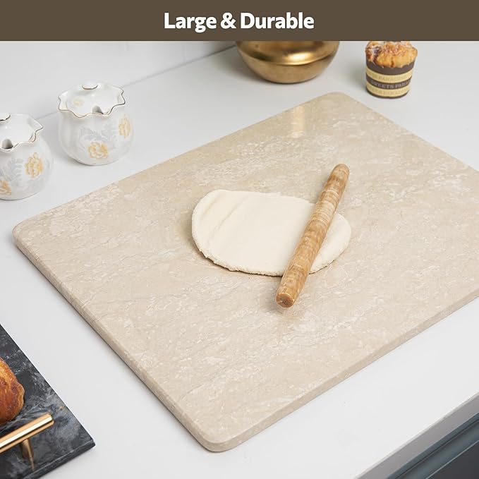 Natural Marble Cutting Board For Kitchen, 16 x 20 Inch Marble Slab Pastry Board With Non-Slip Feet For Baking, Cheese, Charcuterie, Chocolate, Beige