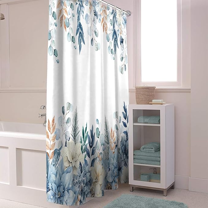 Vandarllin Blue Christmas Poinsettia Shower Curtain, Winter Eucalyptus Leaves Shower Curtains Set with Hooks, Waterproof Fabric Bathroom Curtains Decor Home Accessories,72 X 78 Inch Long