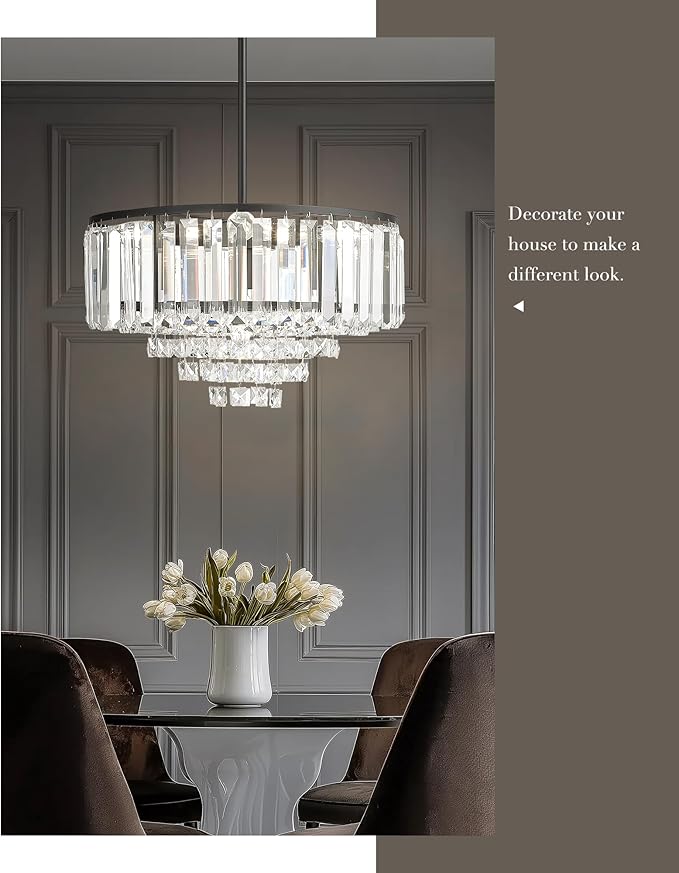 15'' Crystal Chandelier, 5-Tier Modern Chandelier with Matte Black Finish, Pendant Light for Dining Room Kitchen Island Bedroom Entryway, CC4215-5W-BK