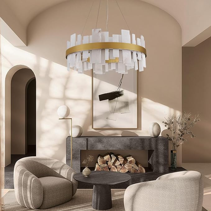 Alabaster Round Chandelier, 32 Inch Natural Spanish Marble Stone Texture Chandeliers, Dimmable Dining Room Chandelier over Table, Modern Luxury Lighting for Living Room, Bedroom, Entryway, Foyer