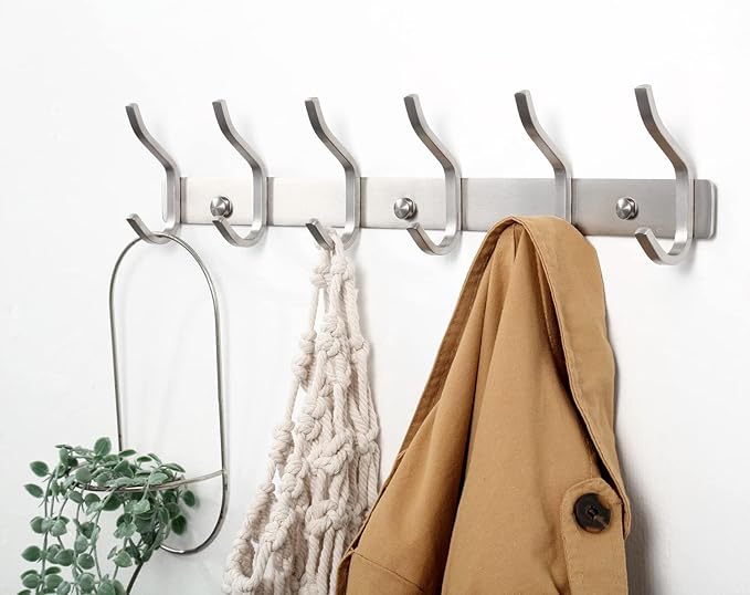 Wall Hooks Heavy Duty, 17 Inch Coat Rack Wall Mount with 6 Hooks,Silver Wall Hooks Hangers for Entryway, Bathroom - for Hanging Backpack, Bag, Coat, Purse, Hat, Towel, Clothes,2 Packs