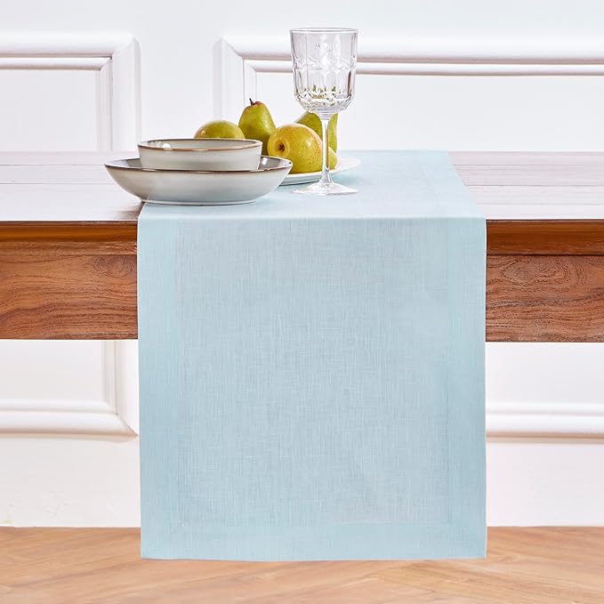 Solino Home Linen Ice Water Table Runner 48 Inches - 100% Pure Linen Farmhouse Short Table Runner 14 x 48 Inch Ideal for Dresser and Coffee Tables - Fete - Christmas, Holiday