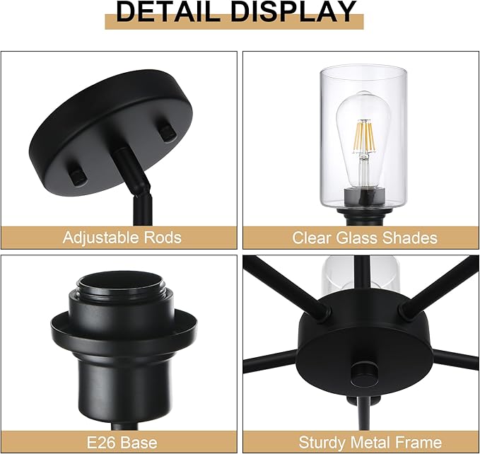 5-Light Modern Black Chandelier with Clear Glass Shades, E26 Base Farmhouse Pendant Light Fixture, Adjustable Swivel Heads Ceiling Lighting, Industrial Chandelier for Dining Room Kitchen Hallway