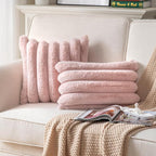 Faux Fur Plush Throw Pillow Covers 12x20 Inch Set of 2 - Luxury Decorative Fuzzy Striped Soft Cozy Pillowcase for Couch, Sofa, Living Room - Pink