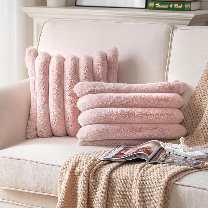 Faux Fur Plush Throw Pillow Covers 12x20 Inch Set of 2 - Luxury Decorative Fuzzy Striped Soft Cozy Pillowcase for Couch, Sofa, Living Room - Pink