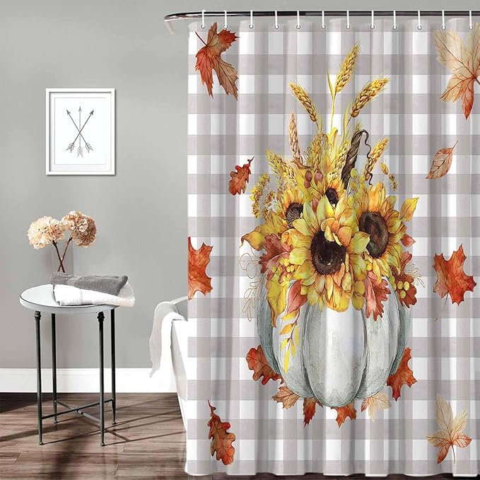 Vandarllin Fall Pumpkins Leaves Shower Curtain, Thanksgiving Shower Curtains Set with Hooks, Rustic Farmhouse Gray Buffalo Plaid Waterproof Fabric Bathroom Decor Home Accessories,66 X 72 Inch Long