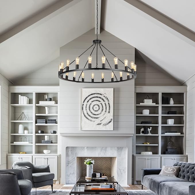 Wagon Wheel Chandelier, Large Black Farmhouse Chandelier for Dining Room Light Fixture, 20-Light 48 Inch Extra Hanging Lighting for High Ceilings Living Room Kitchen Island Foyer Villa
