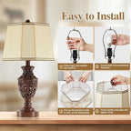 Lamps for Night Stands Set of 2-23.5" Vintage Bedside Lamp with USB A+C and Nightlight - Brown Retro Carved Resin Farmhouse Desk Lamp for Bedrooms, End Tables, Living Room, Bulbs Included