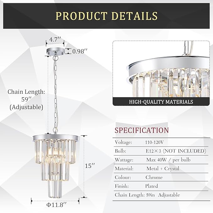 Modern Chrome Crystal Pendant Light, 3 Tiers K9 Crystal Chandelier Mini Ceiling Pendant Light Fixture for Kitchen Island Dining Room Hallway Bedroom Closet