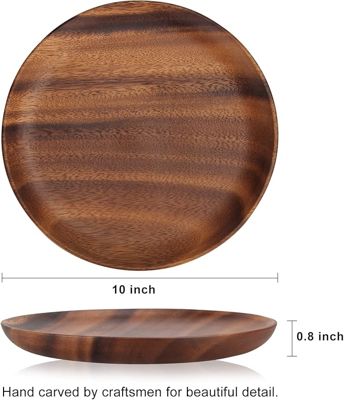 2 Pcs 10 Inch Acacia Wood Dinner Plates Set for Eating Wooden Round Charcuterie Boards Kitchen Serving Platters for Food Dishes Cheese Tray Dessert Salad Plate Wood Charger Plates Decorative Trays